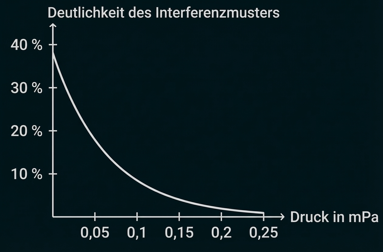 Diagramm: Abnehmende Deutlichkeit des Interferenzmusters (bis 40 %) bei steigendem Druck 0–0,25 mPa